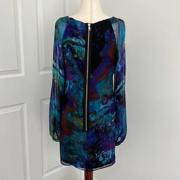 Cache 100% silk cocktail sheath mini dress Sz 4 blue, black, green - Picture 6 of 11